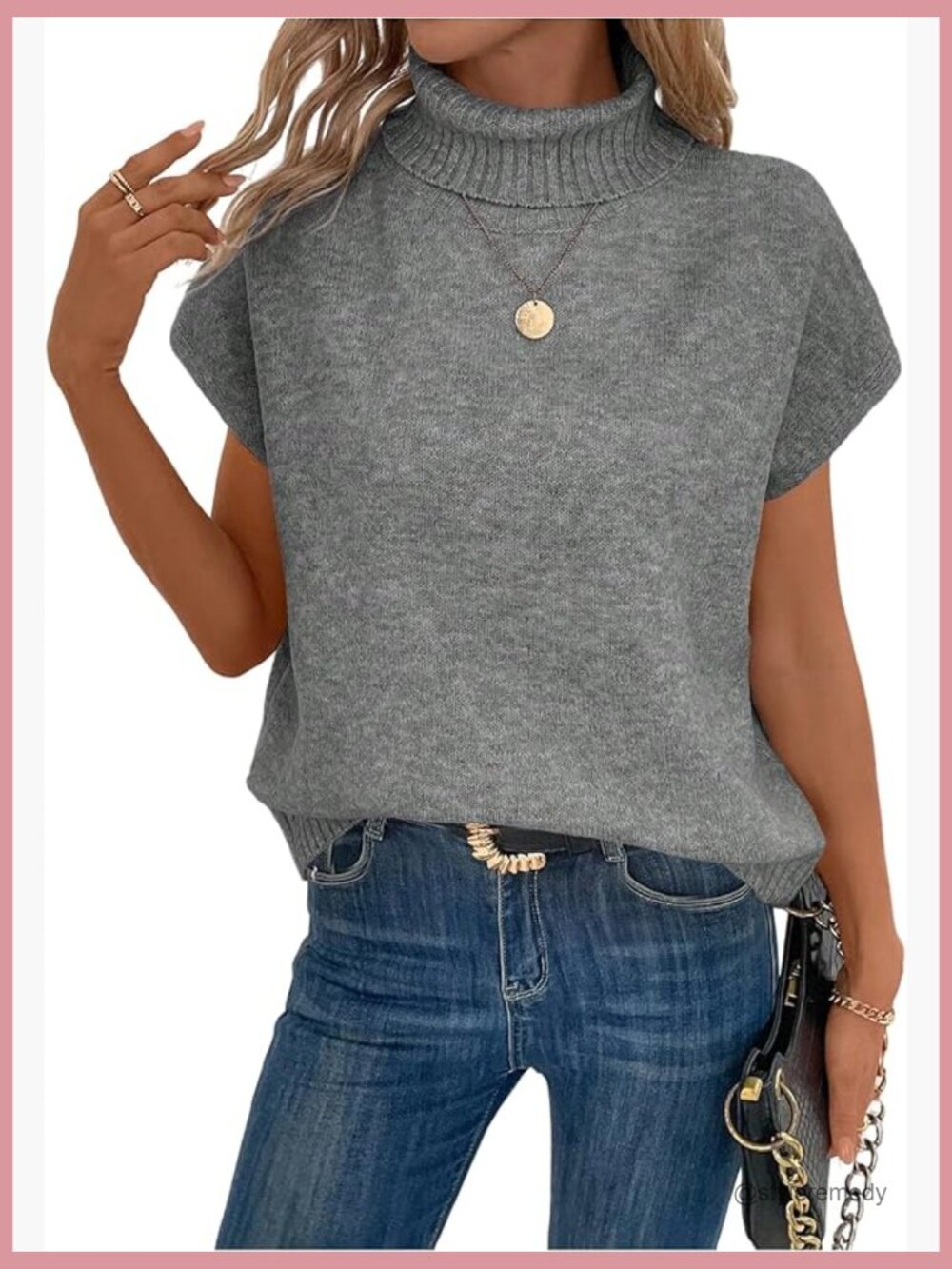 Turtleneck Cap Sleeve Sweater Vest Pullover Knitted Top Loose Oversized Knitwear